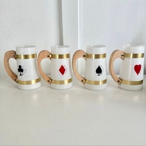 Siesta Ware Poker Heart Spade Mugs Set Wood Tray Caddy MCM Barware Frosted Club